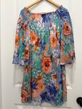 Floral Off-Shoulder Smocked Midi Dress - Multi